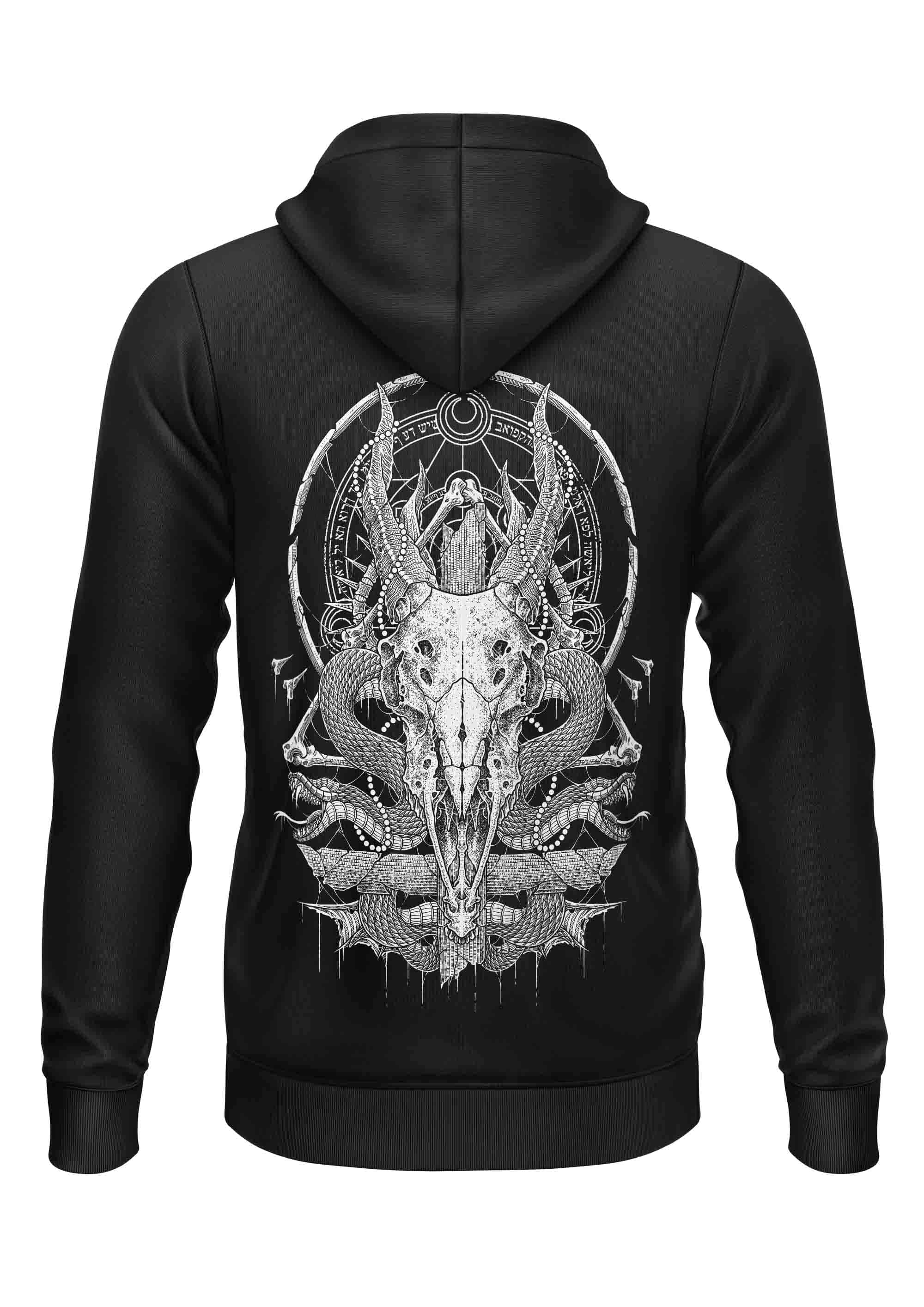 Schwarzer zipper the deer mit detailreichem weißen schädelgrafik und schlangen vereint schritt gaia lizenzierte bekleidung